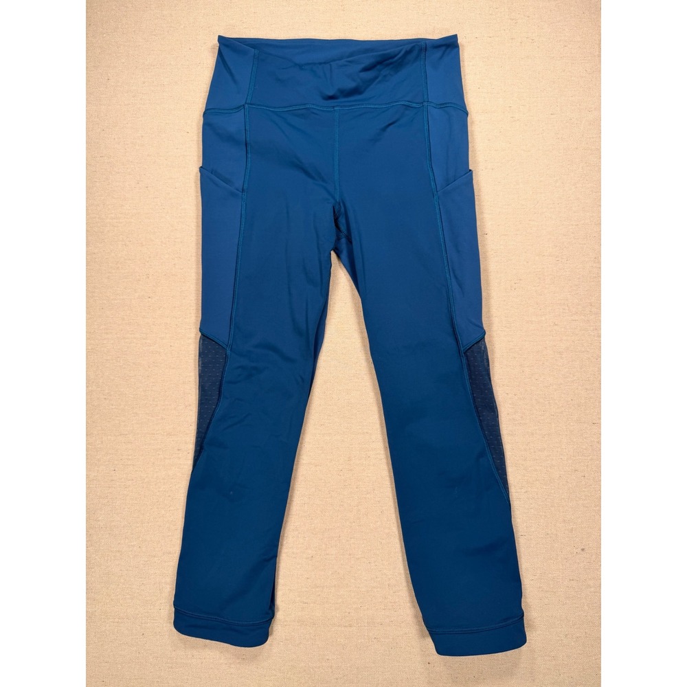 Lululemon Teal Blue High Rise Mesh Pocket Crop Leggings Scallop Hem 21 Inseam